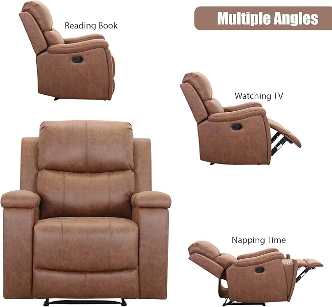 CANMOV Leather Recliner Chair, Classic and Traditional Manual Recliner Chair with Overstuffed Arms and Back, Manual Single Sofa with Concealed Cup Holders, Brown