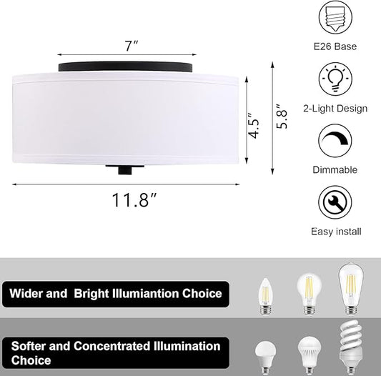 2-Light Flush Mount Ceiling Light Fixture, 12” Modern Close to Ceiling Light with White Fabric Linen Drum Shade, Round Ceiling Light for Bedroom Hallway Living Room Bathroom Dining Kitchen