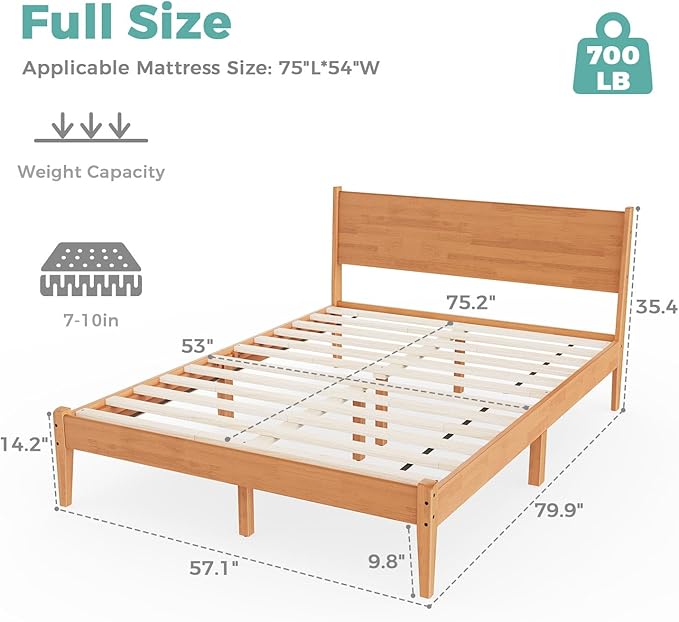 Full Bed Frame with Headboard, Malaysian Oak Bed with Classic Wood Finish, Wooden Platform Bed Frame with Storage, No Box Spring Needed, Easy Assembly, Full Size, Rustic Pine