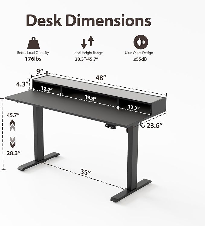 Agilestic Glass Standing Desk with Storage, 48 Inch Electric Adjustable Desk with Glass Shelf, Sit Stand Up Home Office Computer Table, Splice Board, Black