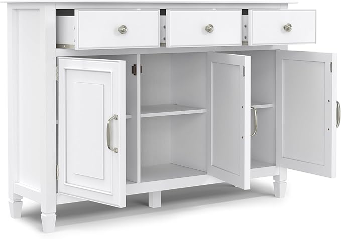 SIMPLIHOME Connaught 51-inch Wide Solid Wood Storage Cabinet in White for The Entryway, Mudroom, 3 Drawers and Adjustable Shelves, Traditional Style, Space-Saving Design