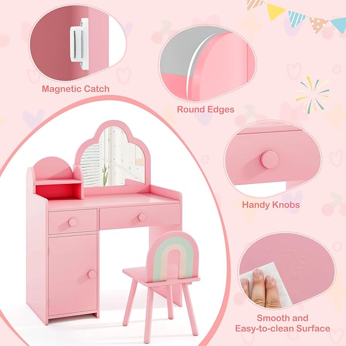 HONEY JOY Kids Vanity, Cloud Shape Wooden Girls Vanity Set with Mirror and Stool, Drawers, Storage Cabinet, Toddler Makeup Desk Dressing Table, Pretend Play Kids Vanity Table and Chair Set (Pink)