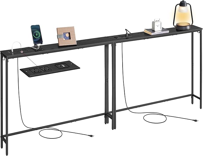 VASAGLE Set of 2 Console Tables with Power Outlets, Slim Behind Couch Sofa Tables, 5.9 x 39.4 x 31.5 Inches, 2 Hooks, Easy Assembly, for Entryway, Living Room, Ebony Black and Ink Black ULNT078B01
