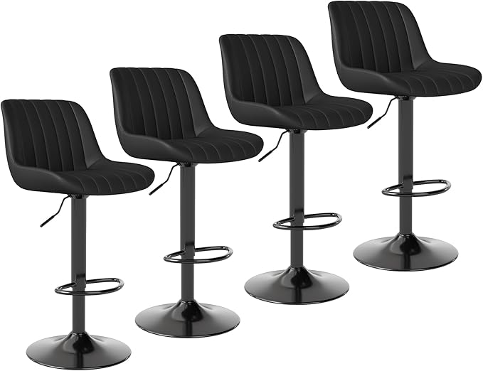Youhauchair Bar Stools Set of 4, Swivel Counter Height Barstools with Back, Adjustable PU Leather Bar Chairs, Modern Armless Kitchen Island Stool, Black
