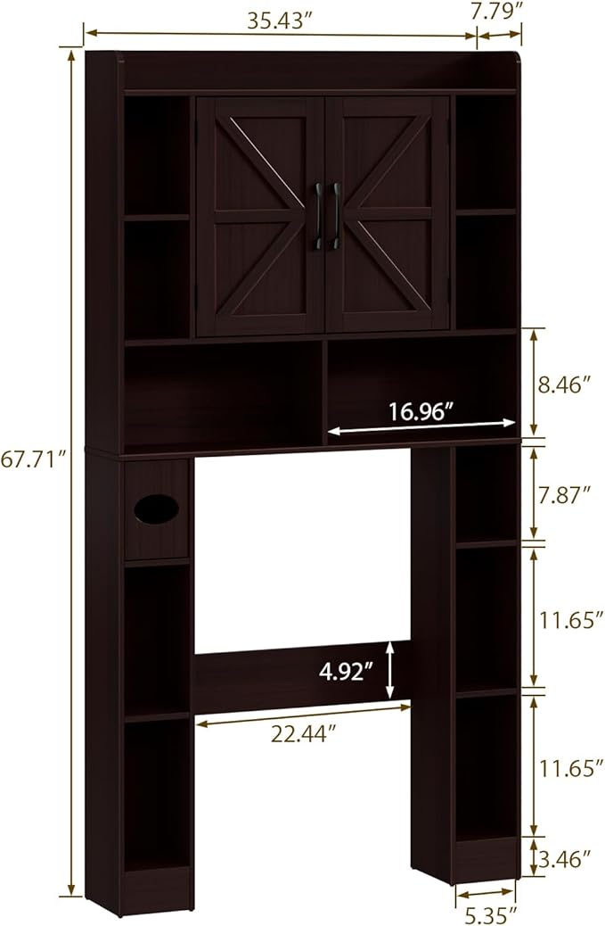 Farmhouse Storage Cabinet Over Toilet with Barn Doors,Over The Toilet Storage Cabinet, Home Space-Saving Toilet Rack, for Bathroom, Restroom, Laundry.Espresso