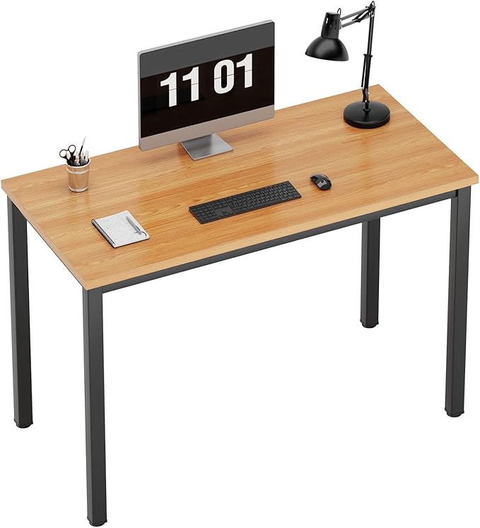 Need Small Desk, 39.4 inches Sturdy Writing Desk for Small Spaces, Teens Computer Desks Study Table Laptop Home Ofice, Black Metal Frame, Teak
