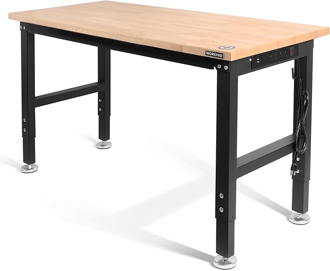 WORKPRO 48" Adjustable Workbench, Rubber Wood Top Heavy-Duty Workstation, 2000 LBS Load Capacity Hardwood Worktable with Power Outlets, for Workshop, Garage, Pack of 2