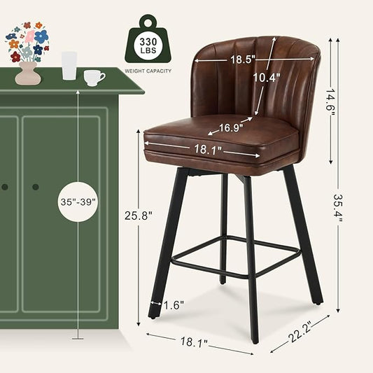 Swivel Counter Height Bar Stools Set of 3, 26'' Modern Barstools with Backs and Metal Legs, Upholstered Bar Chairs, Faux Leather Brown Stools for Kitchen Island Chairs