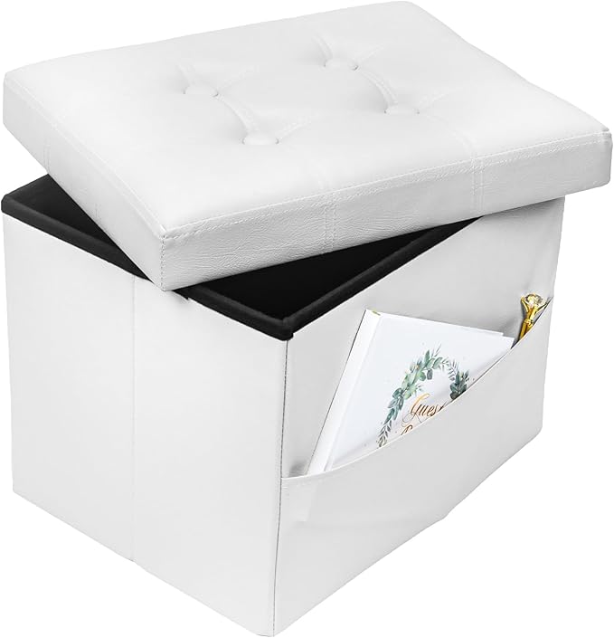 Storage Ottoman Foot Rest Stool, Small Leather Storage Ottomans Bench, Folding Footstool with Side Pockets, Foot Rest Under Desk for Living Room Bedroom, 17x13x13 in, White