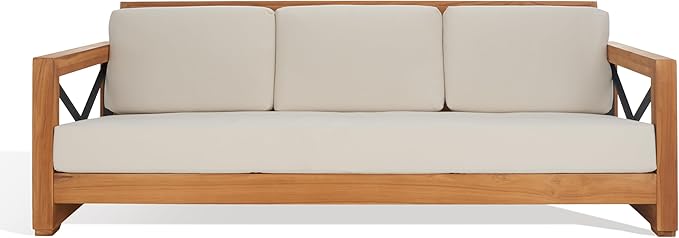 SAFAVIEH CPT1010A Couture Curacao Brazilian Teak Outdoor 3-Seat Patio Sofa, Natural/White