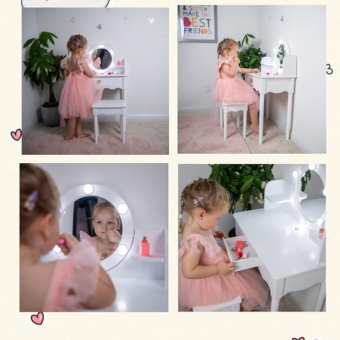 UTEX Kids Vanity, Girls Vanity Set with Mirror and Stool and Lights, Kids Vanity Table and Chair Set,Wooden Princess Makeup Desk Dressing Table, White
