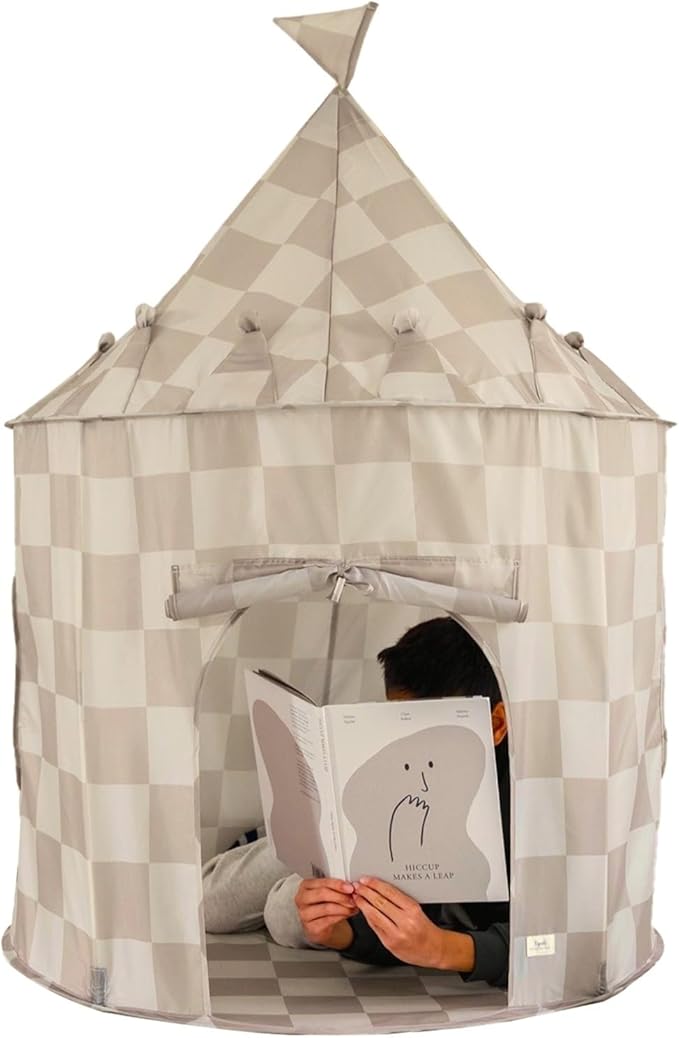 3 Sprouts Kids Play Tent - Sustainable Recycled Fabric β Fun Spacious Childs Playhouse for Indoor Games for Boys & Girls - Durable Fort Pop Up House for Toddlers & Children Age 3-10 - Checkered Beige