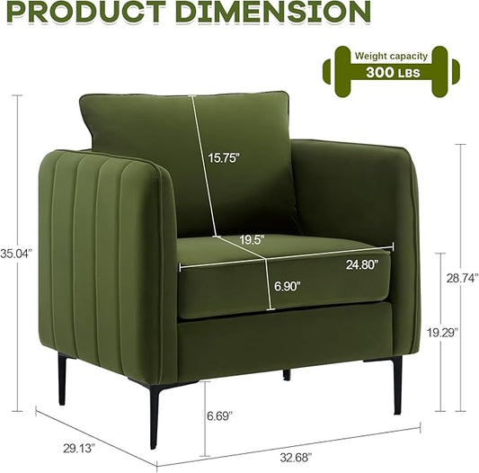 Velvet Accent Chair, Comfy Upholstered Single Sofa Chair Mid-Century Modern Armchair with Thick Cushion and Wood Frame Side Chair for Living Room Bedroom Apartment (Green)