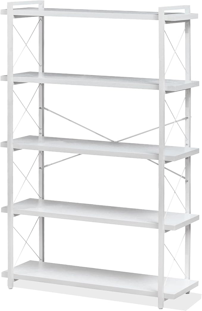 HCHQHS Bookshelf, 5-Tier Industrial Bookcase, White Open Book Shelf, Freestanding Tall Bookshelves with Metal Frame