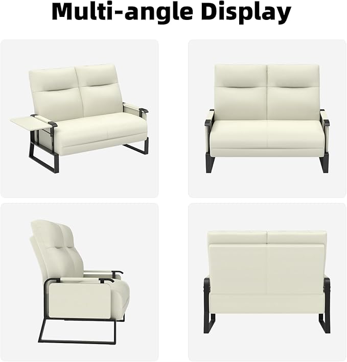 Faux Leather Loveseat, Upholstered Loveseat with Side Tray Table & Storage Pocket, Small Loveseat for Living Room, Modern 2 Seater Sofa Couch for Small Spaces, Bedroom, Beige