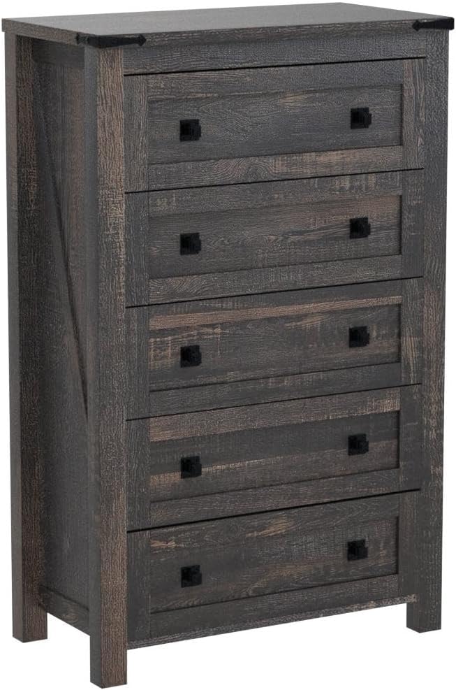 T4TREAM Farmhouse 5 Drawers Dresser Chests for Bedroom, Wood Rustic Tall Chest of Drawers, Dressers Organizer for Bedroom, Living Room, Hallway, Dark Rustic Oak