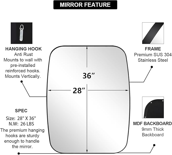 ANDY STAR Black Mirror for Bathroom, 28x36 Inch Stainless Steel Metal Frame Oblong Bathroom Mirror for Vanity, 1’’ Deep Wall Mounted Vertically/Horizontal