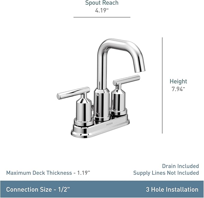 Moen Gibson Chrome Two-Handle Centerset High Arc Modern Bathroom Faucet with Drain Assembly, 6150