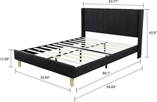 Low Profile Upholstered Platform Bed,Full Beds with Black(Linen)