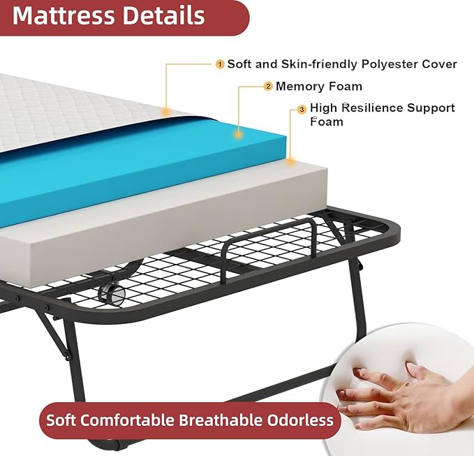 Folding Bed with Mattress, 75''x46'' upsize with Upgraded Sturdy Frame, Adult Portable, Space Saving