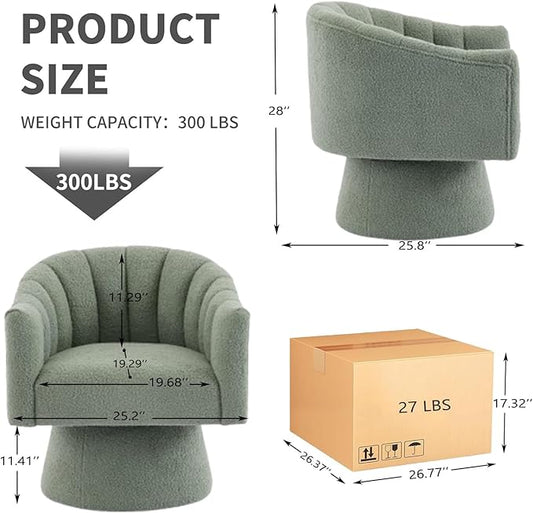 Swivel Accent Chair,Upholstered Teddy 360° Swivel Barrel Chair for Living Room Overstuffed Bouncle Reading Chair Round Armchair for Bedroom,Vanity,Office-Green