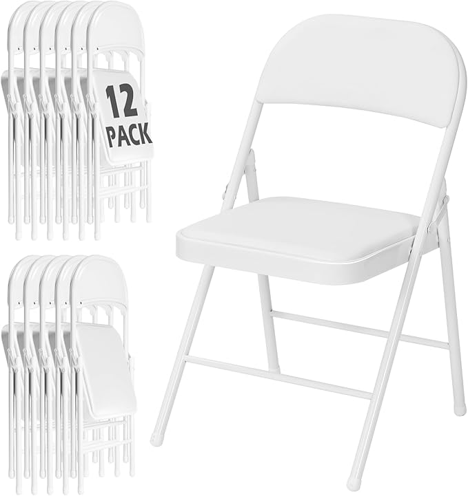 12 Pack White Folding Chairs with Padded Cushion and Back, Portable Stackable Commercial Metal Foldable Chairs with Steel Frame for Home Events Office Wedding Party, 350lbs Capacity