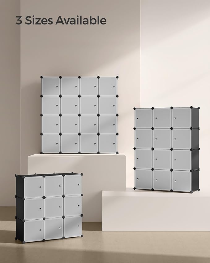 SONGMICS Cube Storage Organizer, Set of 16 Plastic Cubes, Closet Storage Shelves, DIY Plastic Closet Cabinet, Modular Bookcase, Shelving with Doors for Bedroom, Living Room, Black and White ULPC44HS