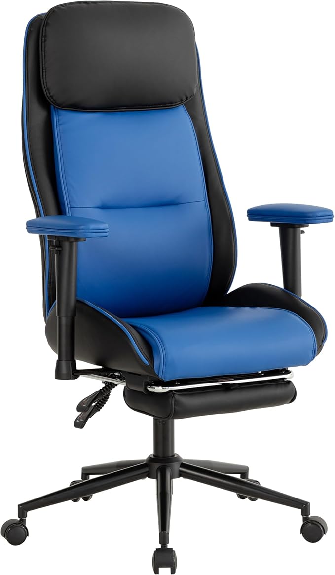 Ergonomic Home Office Chair with Footrest,Modern Faux Leather Reclining Chair,High Back Video Game Executive Computer Chairs with Adjustable Armrest & Lumbar Support,360°Swivel (Blue)