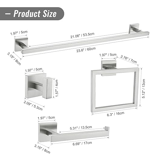 YACVCL Towel Bar Set, 5 Pieces Bathroom Hardware Set Brushed Nickel Bathroom Accessories, SUS304 Stainless Steel Towel Racks Holder Set Wall Mounted 23.6 Inch