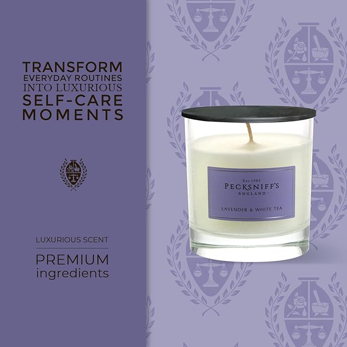 Pecksniffs Lavender & White Tea Scented Candle | Elegant Glass Vessel | Scented Candles for Home | 1 Wick, 184g/6.49oz