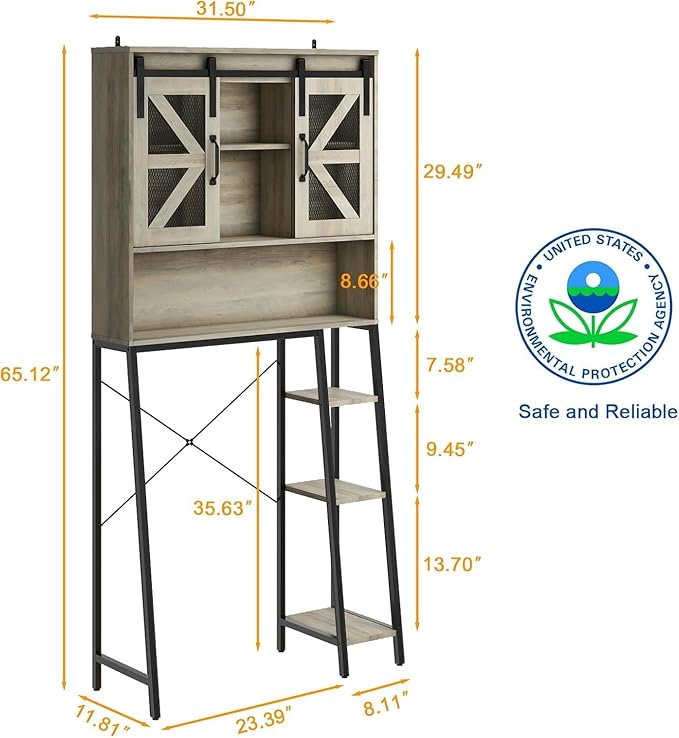 Over The Toilet Storage Cabinet, Farmhouse Storage Cabinet Over Toilet with Sliding Barn Door,Home Space-Saving Toilet Rack, for Bathroom, Restroom, Laundry(Grey).