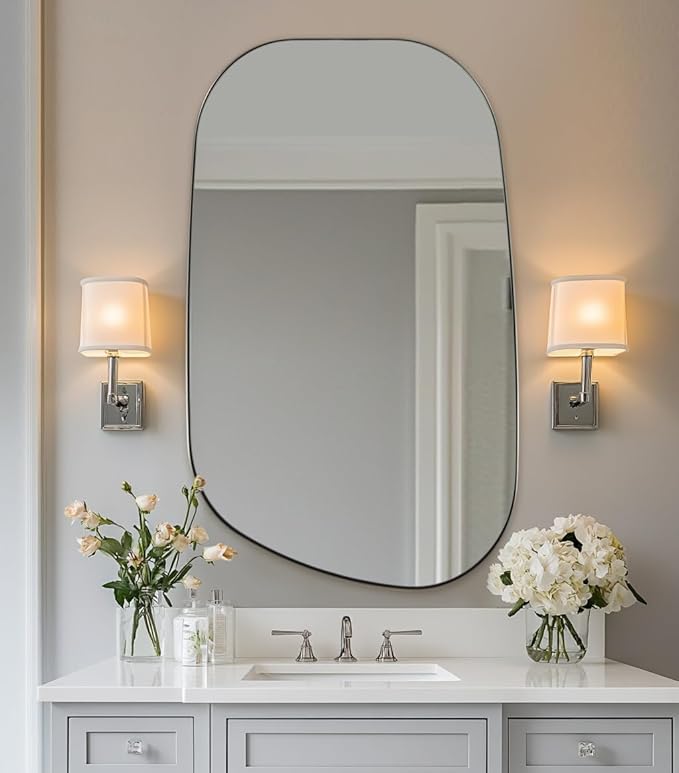 ANDY STAR 24"x40" Asymmetrical Wall Mirror,Brushed Nickel Irregular Bathroom Mirror with Stainless Steel Metal Frame, Wall-Mounted Mirror for Bathroom, Entryway (Horizontal/Vertical)