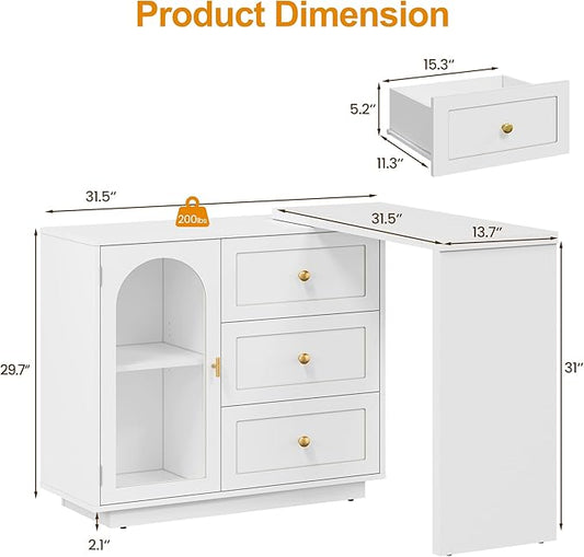 RoyalCraft L Shaped Home Office Desk, Extendable and Rotatable Desk with 3 Drawers and Door, Corner Computer Desk, Modern Study Writing Table for Bedroom, Home Office, White