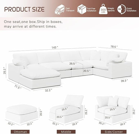 221.6" Oversized Cloud Modular Sectional Sofa,6 Seat Down Filled Sofa,Comfy Deep Seat Couch with Reversible Chaise & Cushions,Couch Cover Washable and Replaceable,White