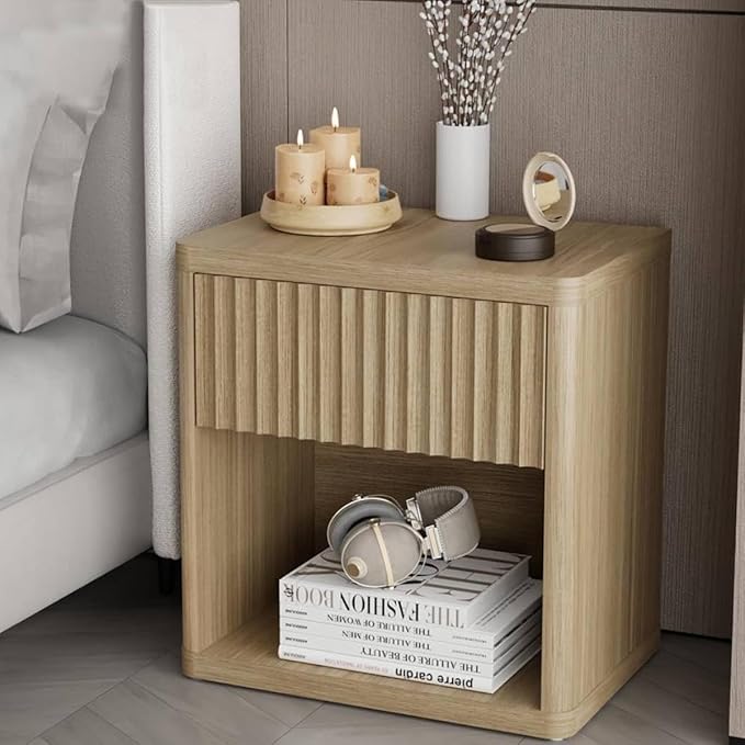 Large Modern Nightstand with Drawer Storage 22.8Inch Wide Fluted Bedside Table End Table for Bedroom, Living Room, Sofa, Couch, Home Office,Mid Century Bed Stands, Natural Color