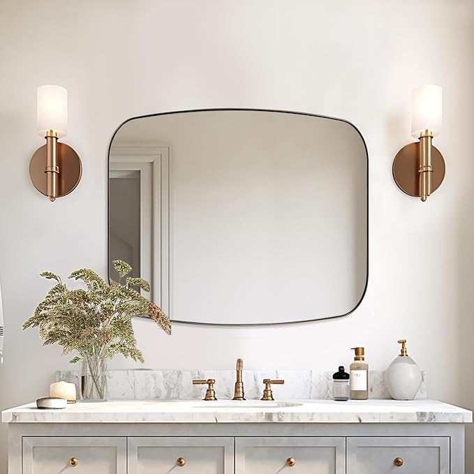 ANDY STAR Brushed Bronze Bathroom Mirror, 30x36 Oblong Mirror with Stainless Steel Metal Frame, Oval Vanity Mirror for Over Sink, Modern Anti Rust Wall Mounted