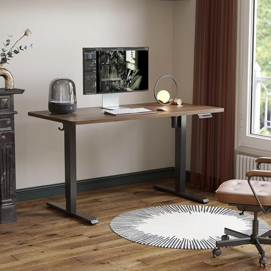 FEZIBO One-Piece Standing Desk Adjustable Height Stand up Home Office Desk, 55x24 Inch Electric Standing Computer Desk, with 4 Memory Presets, Headphone Hook, Black Walnut