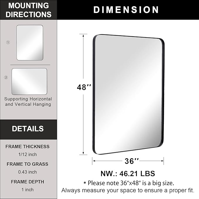ANDY STAR 36”x48” Black Bathroom Mirror, Wall Mirror for Bathroom, Rounded Rectangle Mirror in Premium Stainless Steel Metal Frame Hangs Horizontal Or Vertical (Matte Black)