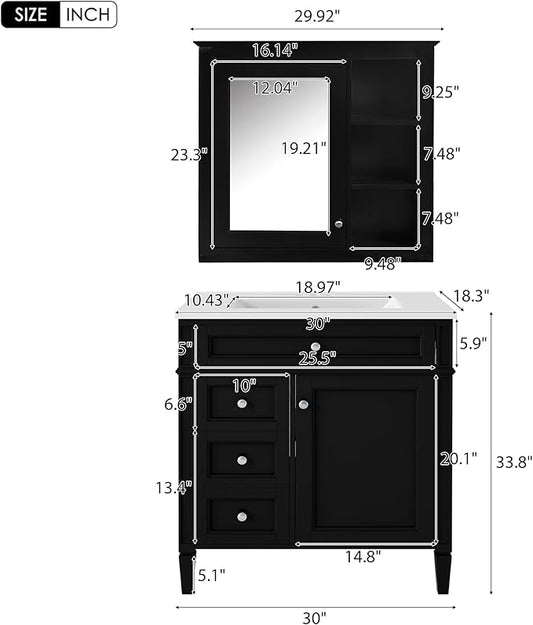 30" Bathroom Vanity with Matching Medicine Cabinet, Modern Sink Storage Cabinet with Drawers, Soft Closing Doors and Shelf, Bathroom Vanities with Sink & Mirror