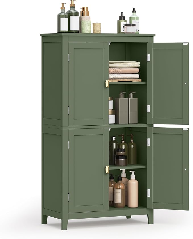 VASAGLE Floor Storage Cabinet, Freestanding Storage Unit with 4 Doors, Adjustable Shelves, 11.8 x 23.6 x 43.3 Inches, for Entryway, Bathroom, Forest Green UBBC552C01