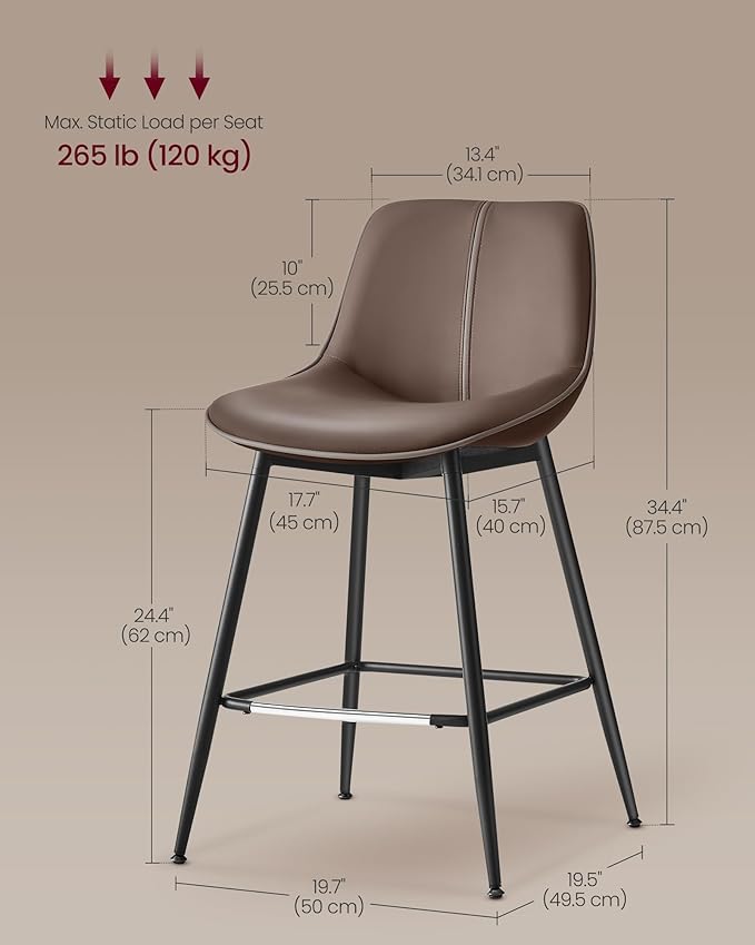 VASAGLE Bar Stools Set of 2, Counter Height Bar Stools with Back, Ergonomic Backrest, Synthetic Leather, Metal Legs, 24.4-Inch Tall Barstools for Kitchen Island Home Bar, Easy Assembly, Chestnut Brown