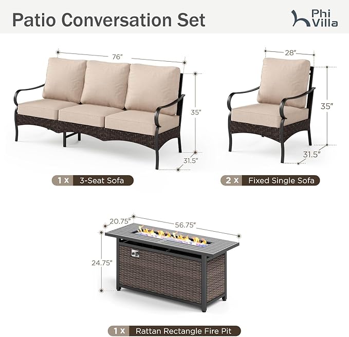 Patio Furniture Set with 56" Fire Pit Table, Premium Outdoor Wicker Metal Frame Furniture with Upgraded Waterproof Thick Cushions for Porch, Poolside, Deck, and Yard (4 Pieces,Beige)