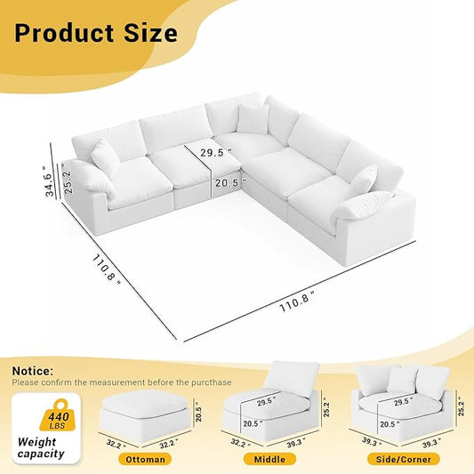 Cloud White Modular Couch for Living Room,5 Seat V Shape Linen Blend Sofas,Modern Deep Seat Cloud Sofas,Convertible Comfort Down Filled Sectional Couches,Removable Washable Cushion Covers
