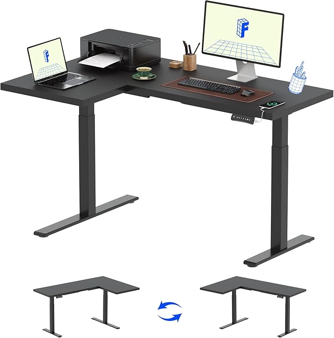 FLEXISPOT Pro Corner Desk Dual Motor L Shaped Computer Electric Standing Desk Sit Stand Up Desk Height Adjustable Desk Home Office Table with Splice Board, 63x40 Black(2 Pakages)