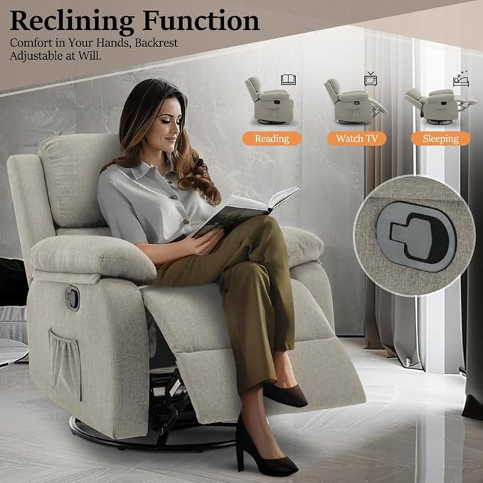 Recliner Chair, 360 Swivel Rocker Chair for Adults, Small Rocking Recliner Chair for Small Spaces, Upholstered Fabric Glider Recliner Nursery Chair with Side Pockets for Living Room, Nursery