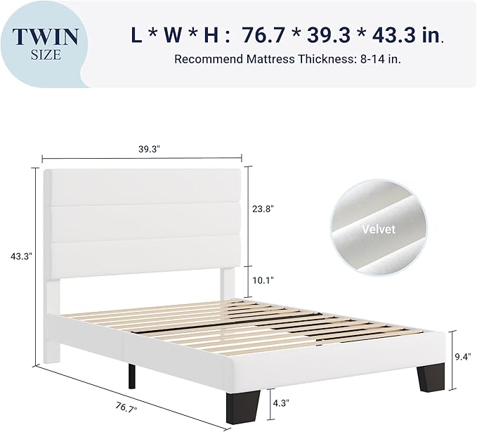 Allewie Twin Size Platform Bed Frame with Velvet Upholstered Headboard and Wooden Slats Support, Fully Upholstered Mattress Foundation/No Box Spring Needed/Easy Assembly, White