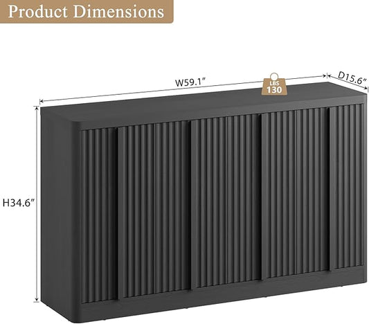 Fluted Buffet Cabinet with Storage, 60" Sideboard Buffet Cabinet with 4 Door, Modern Credenza Storage Cabinets with Adjustable Shelves, Solid Wood Handles for Kitchen, Dining, Living Room, Black(1PC)