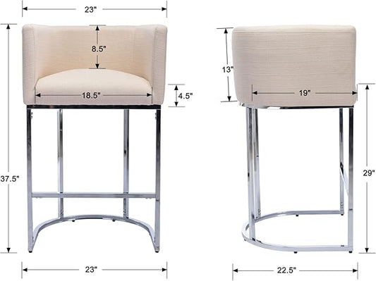 Contemporary Linen Bar Stools Set of 4, 29" Upholstered Fabric Counter Height Barstools Kitchen Counter Island Stools with Screwed Together Chrome Finish Base, Cream