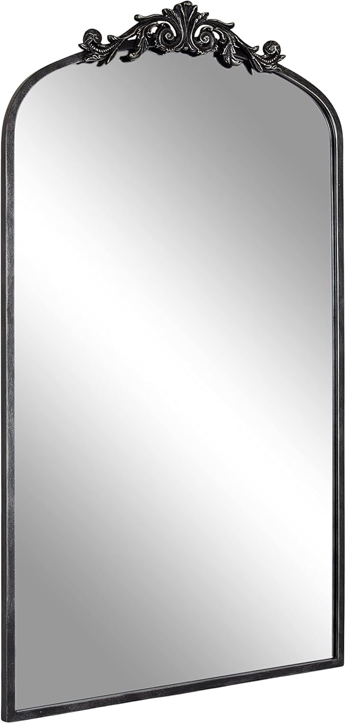 Kate and Laurel Arendahl Vintage Glam Arched Tall Panel Mirror; 24 x 42; Antique Black; Traditional Baroque Large Body Wall Mirror with Ornate Garland Inspired Crown