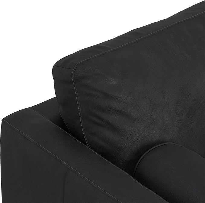 SIMPLIHOME Morrison 89-inch Wide Sofa in Lead Black Genuine Leather, Mid-Century Modern Design Couch for Living Room, Single Bench Cushion, 2 Back Cushions, 2 Bolster Pillows